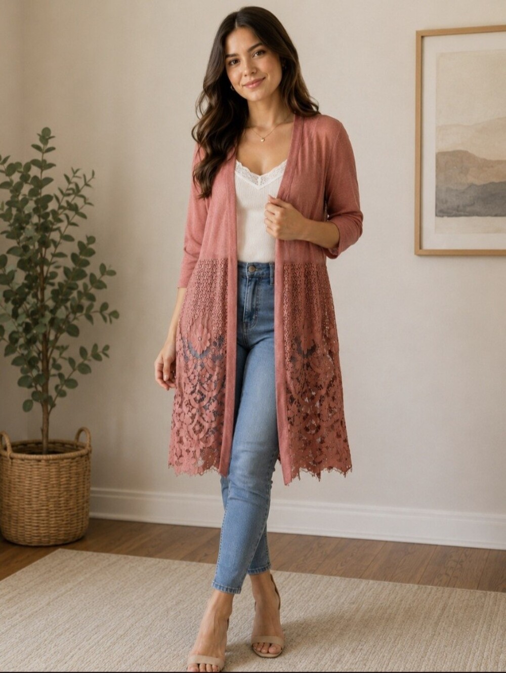 EMBER Long Lace Hem Open-Front Sweater Cardigan - Dusty Rose